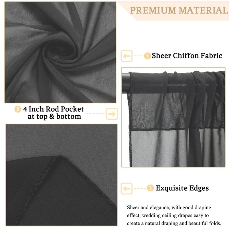 MODFUNS Black Wedding Arch Draping Fabric 5x20ft 4 Panels Chiffon