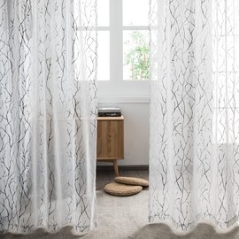 Kotile Voile Net Curtains 90 Drop - White Sheer Curtains Eyelet Top Printed with Silver Foil Branch Tree Pattern Window Curtain Panel for Bedroom, 66 x 90 Drop, 1 Pair (2 PCs)