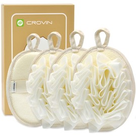 Crovin Bath Shower Pouf Sponge - 4 Packs Exfoliating Mesh Pouf Sponge-Large 5x7 Premium Loofah Shower Scrubber for Men and Women-Elastic Hand Strap Body Brush to Soothe, Cleanse Your Skin