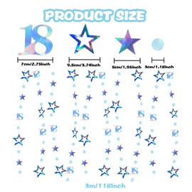 18th Birthday Hanging Swirls Decorations Blue Glitter 18 Circle Dots Star Garland Party Decorations Metallic Hanging Bunting Banner for 18th Birthday Wedding Anniversary Bridal Party