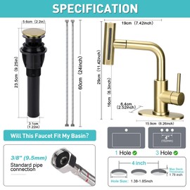Bathroom Faucet 4 in 1, Faucet for Bathroom with Pull Down Sprayer, Brushed Gold Bathroom Sink Faucet for 1 or 3 Holes