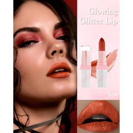 Diamond Glitter Matte Lipstick,Longlasting Waterproof Ruby Red Metallic Shimmer Lip Gloss Lipgloss,Sparkling High Pigment Non-Stick Cup Lip stain,Full-Coverage Tinted Lip Balm,Makeup Gift for Women-05