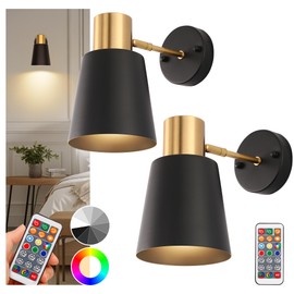 DORESshop Battery Operated Wall Sconces Set of Two, Dimmable & Adjustable Black Gold Wall Lights, Rechargeable Wall Sconce with Remote, Not Hardwired LED Wall Lamps for Bedroom Living Room