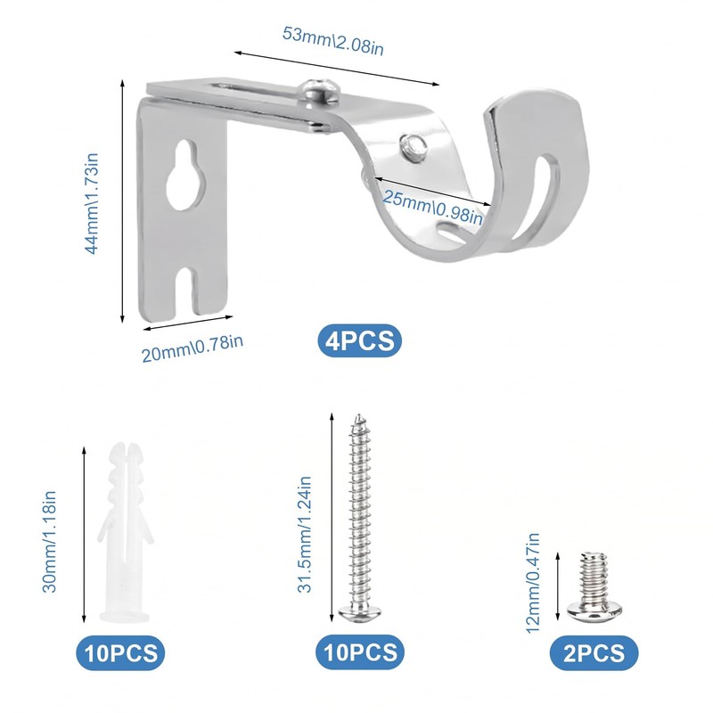 4 Pcs Curtain Pole Brackets Heavy Duty Adjustable for 25mm