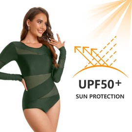 NESY Women Long Sleeve Swimsuits Tummy Control One Piece Swimwear V Neck Zipper Bathing Suit UV Protection, Sy567013-017, Small