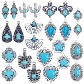 Framendino, 24 Pack Turquoise Stone Charms Tibetan Pendants for DIY Bracelet Jewelry Making