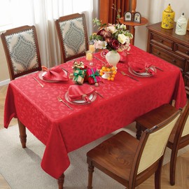 Larponder Christmas Tablecloth Rectangle, Jacquard Holly Berries & Pine Cone Xmas Table Cloth, Washable and Spill Proof Table Cover for Party Picnic Holiday (Rectangle, 52" x 70", Red)