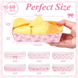 Supervitae 60 Pcs Pink Bow Birthday Decorations Bow Theme Party Paper Food Trays Food Boat Pink Treat Snack Boats Nacho Trays for Coquette Birthday Bachelorette Baby Shower Supplies, 6 Designs