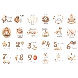 Baby Milestone Cards Set, 12 Double-Sided Cards - First Memories & Monthly Cards 1-12 in Pastel Design, Round Shape