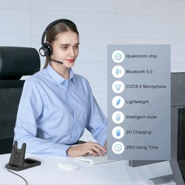 New Bee BH60P Wireless Headset with Charging Base V5.0 Dual Microphone CVC 8.0 Noise Canceling for Call Center for Office PC