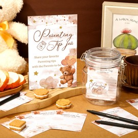 Suzile 76 Pcs Baby Shower Game Prizes Advice Baby Shower to Baby Parenting Tip Jar Sign for New Parents 60 Cards 12 Pens 2 Cute Stickers 1 Pet Bottle for New Parents Guest Party(Bear Theme)