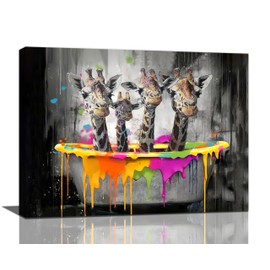 Graffiti Giraffe Bathroom Decor Wall Art Cute Giraffe on Bathtub Pictures Canvas Wall Decor Funny Animal Print Painting Artwork Home Decorations for Bedroom Living Room Office Framed 12x16 inch