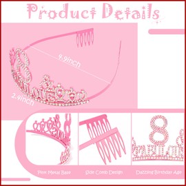 Hapdoo 8th Birthday Decorations for Girls Set - Happy 8th Birthday Princess Crown and Glitter Sash, 8 Year Old Girl Tiara Party Decorations Supplies Outfit Accessory Gifts