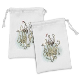 Ambesonne Kraken Fabric Pouch Set of 2, Octopus Sinking the Pirate Ships Greek Myth Fish Culture Cartoon Artwork Image, Small Drawstring Bag for Toiletries Masks and Favors, 9" x 6", Tan Pale Green