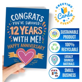 12th Anniversary Card for Husband or Wife - Silk Anniversary Card for Couple - Funny 12th Year Wedding Cards- Happy 12 Years for her, him - 12 Year Anniv Cards for Spouse, Girlfriend or Boyfriend - NUM 254