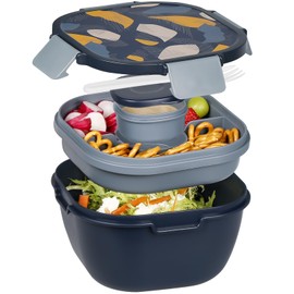 Greentainer Lunch Box Lightweight Bento Box with 1 Fork, Salad Container with Dressing Container, 3 Compartments Salad Box-to-Go for School, Work, Picnic, Travel, Camping-Black