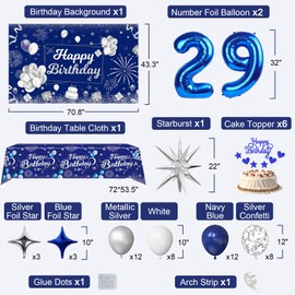 Blue 29th Birthday Decorations for Him Her, 29th Silver and Navy Blue Birthday Decorations for Men Women with Happy Birthday Backdrop Banner Tablecloth Balloons Arch Foil Balloons Party Supplies