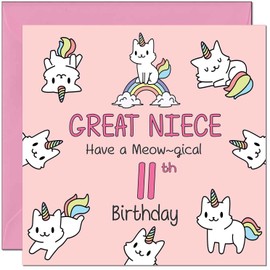 11th Great Niece Birthday Card - Funny Cat Cute Great Niece's Birthday Card for 11 Year old Kids eleven, eleventh