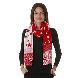 Womens Christmas Tree Reindeer Snowflake Reversible Knit Wraparound Scarf Shawl (Red)