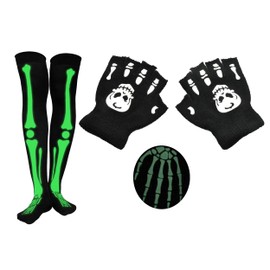 Skeleton Gloves Stocking Skull Gloves Set Glow in The Dark Cosplay Costume Women Girl Thigh High Knee Socks (FINGERLESS SET B, One Size)