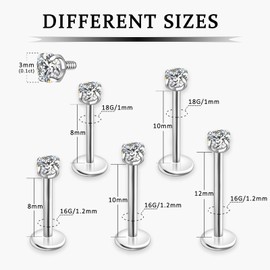 Moissanite Lip Stud for Women - 1 Pcs 16G/18G Titanium Alloy Lip Ring Studs Moissanite Diamond Internal Threaded Piercing Helix Jewelry 8mm/10mm/12mm Length (14mm length / 3mm Moissanite, 16G/1.2MM)