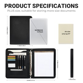Black Faux Leather Zippered Padfolio with 3 Ring Binder, Executive Organizer Binder for Women and Men, Fits 13.9" Laptop/Tablet, Refillable Writing Pad