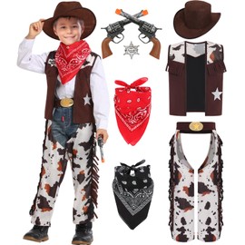 UWXOZO Cowboy Kostüm Kinder Western Polizei Cowboy Zubehör mit Hut Weste Abzeichen Kinder Karneval Kostüm Jungen Mädchen Sheriff Cosplay Outfits Set Sombrero Halstuch UX006L