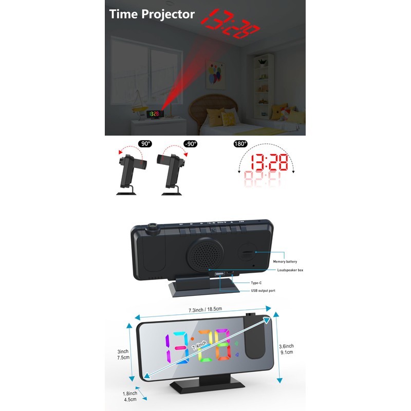321Wasay Led Projection Alarm Clock, Digital Clock Projector Clocks Bedroom,