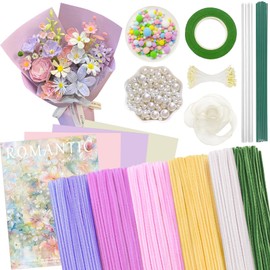500Pcs Pipe Cleaners Craft - All-in-One DIY Flower Making Kit with 5 Colors Chenille Stems, Floral Stem Wires, Floral Tape, Stamens, Ribbon, Pearl & Pom Pom Accents, Bouquet Wrapping Paper (Purple)