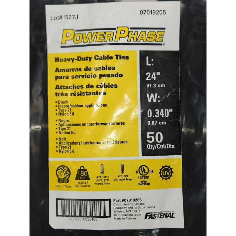 PowerPhase (50)- 24" Long Heavy Duty Plastic Zip Cable Ties,UV,