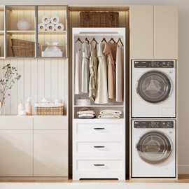 IRONCK Freestanding Closet System with 3 Wood Drawers, Modern Armoire Wardrobe with Adjustable Shelves & Hanging Rod, Walk-in Closet Systems Organizer for Small Closet, White