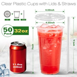 Charmount 32 oz 50 Sets Clear Plastic Cups with Lids and Straws, Sturdy & Food Safe Disposable To Go Cups for Cold Drinks, Iced Coffee, Milkshakes, Smoothies