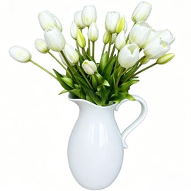 LYLYFAN 20 Pcs Artificial Tulips Flowers White Faux Tulip Flowers Arrangement Realistic Artificial Flowers for Home,Wedding,Spring Farmhouse Decor