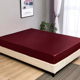 JUWENIN Luxury Silk Satin Deep 12" Skin Beauty Hair Health Face Care Hypoallergenic Fitted Sheet (King, Burgundy)