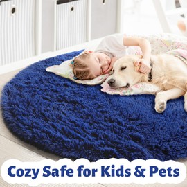 Navy Blue Round Rug 4Ft for Boys Room Bedroom, Washable Circle Area Rugs for Kids Room, Living Room Decor Aesthetic, Fluffy Shag Fur Throw Royal Dark Blue Carpet for Preppy Dorm Playroom Baby Nursery