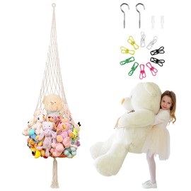 Großes Kuscheltier Aufbewahrung Netz, Makramee Hängematte für Kuscheltiere, Hängend Stofftier Netz, Eckspielzeug-Organizer für Kinderzimmer | Einfach zu Hängen | mit Haken & Wäscheklammern