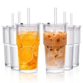 KEMORELA 6-Pack Ribbed Glass Tumblers with Lids & Straws – Vintage Style Iced Coffee Cups, Durable Smoothie & Cocktail Drinking Glasses, Reusable Clear Glassware for Home, Cafe, Office (6)