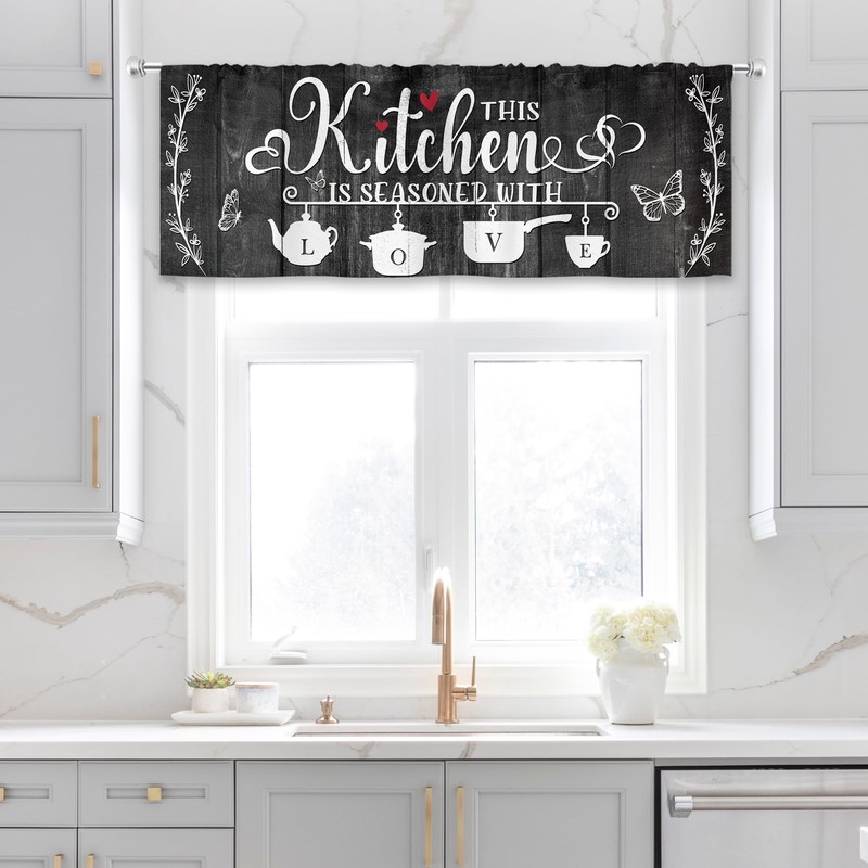MESHELLY Black Kitchen Curtains 52Wx18H Inch Rod Pocket Farmhouse Valance