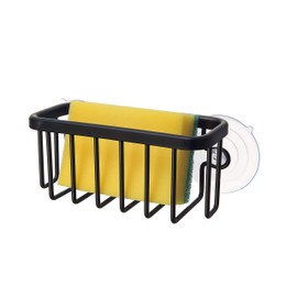 SunnyPoint NeverRust Kitchen & Bathroom Sink Caddy for Sponges, Scrubbers, Soap, 6" x 2.5" x 2.65", with Adhesive Mount - Additional Suction Cup Included –Aluminum (Black)