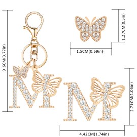 OKAICEN Gold Plated Butterfly Crystal Alphabet Initial Letter Keyring Keychain for Women Girls Key Chains for Wallet Backpack - M