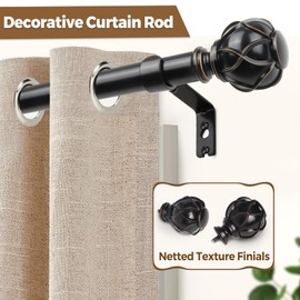 KAMANINA Black Curtain Rod 32 to 58 Inch(2.6-4.8Ft), Adjustable Heavy Duty Curtain Rods for Windows 28 to 48 Inch, 7/8 Inch Drapery Rods with Decorative Netted Texture End