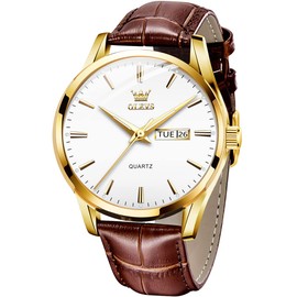 OLEVS Men's Watches Brown Black Leather Strap Quartz Watch Men with Weekday Date Waterproof Luminous Classic Elegant Wrist Watch Gift, White/Brown, Classic