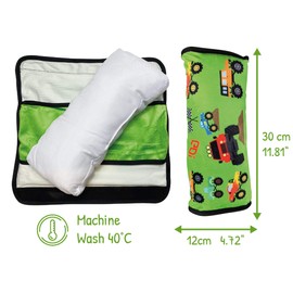 HECKBO Auto Schlafkissen für Kinder Mädchen Jungen - Monster Truck - maschinenwaschbar – kuschelweich - Auto Gurtkissen, Gurtschoner, Gurtschutz Sitzerhöhung, Auto Kissen, Reisekissen, Urlaub