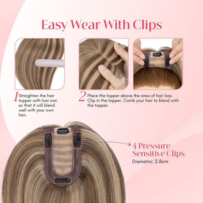 Elailite Hair Topper Real Hair #4P27 Medium Brown/Honey Blonde 15