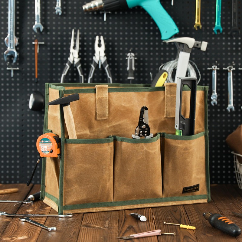 Heavy Duty 16OZ Waxed Canvas Wide Mouth Water-Resistant Tool Bag,Tool