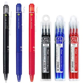 Pilot FriXion Ball Knock Retractable Erasable Gel Ink Pens, Extra Fine Point 0.5mm, Black/Blue/Red Ink, 3 Pens & 9 Refills Value Set