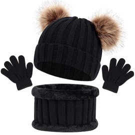 3PCS Knitted Beanie Hat Scarf Gloves Set Baby Girls Winter Thick Pom Cap Neck Warmer Boys Mittens for Boys Girls 1-6 Years old, Winter Accessories Sets for Children Outdoor Sports (Black)