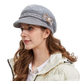 Surblue Lady Crystal Bow Warm Cabled Angora Knit Winter Beanie Crochet Beret Hats Newsboy Caps,Grey,One Size