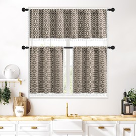 MitoVilla Boho Kitchen Valances for Windows, Taupe Abstract Geometric Valance Curtains for Living Room/Bedroom, French Country Cotton Fabric Topper Window Curtain with Tassel, 52’’W x 18’’L