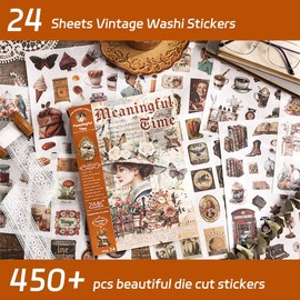 Vintage Washi Stickers for Journaling – 450+ Pcs Aesthetic Scrapbook Stickers, 24 Sheets of Pre-Cut Translucent Sticker for Junk Journals, DIY Crafts, and Planners